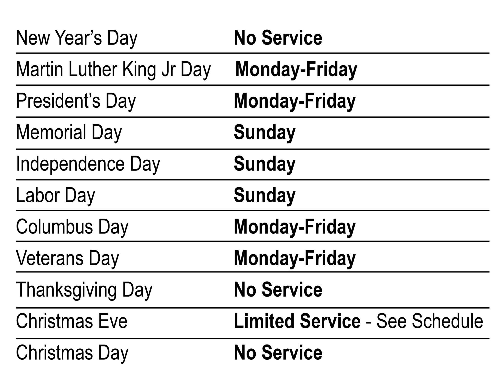 Holiday Schedule – Welcome to RTA